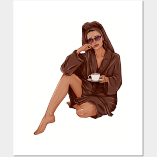 Girl in brown spa robe fashion art Posters and Art